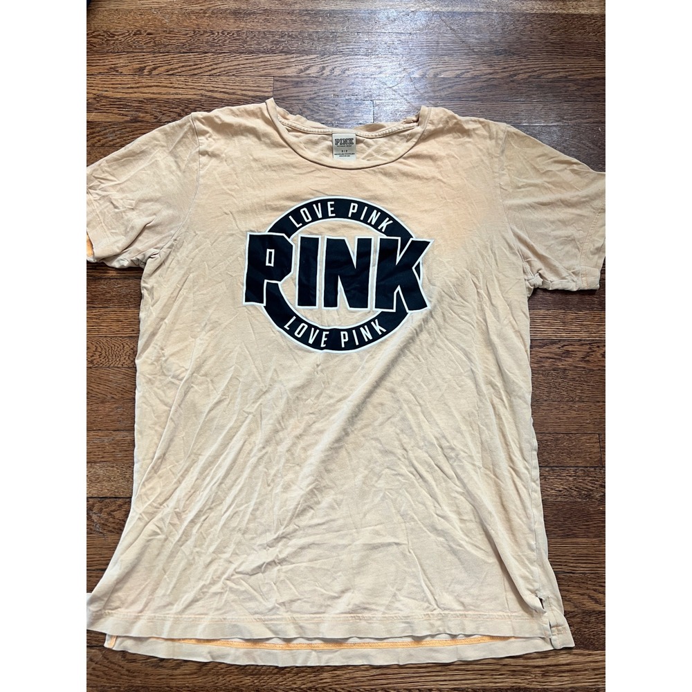 Victorias Secret PINK Womens Graphic T-Shirt Yellow Love Pink Logo Tee Small